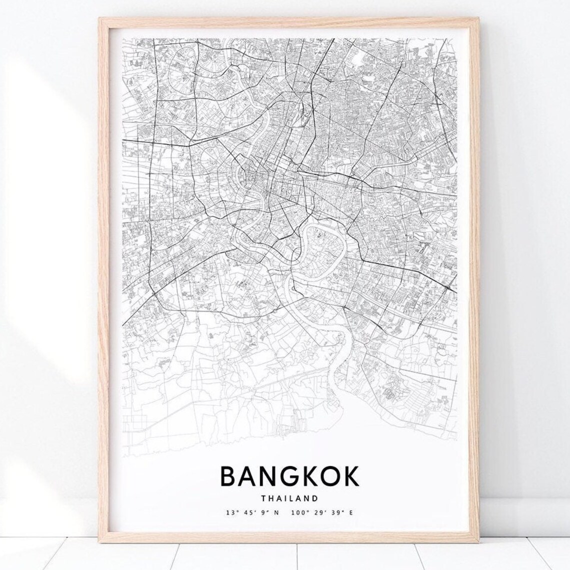 Bangkok Thailand City Street Map Modern Black White Art Poster