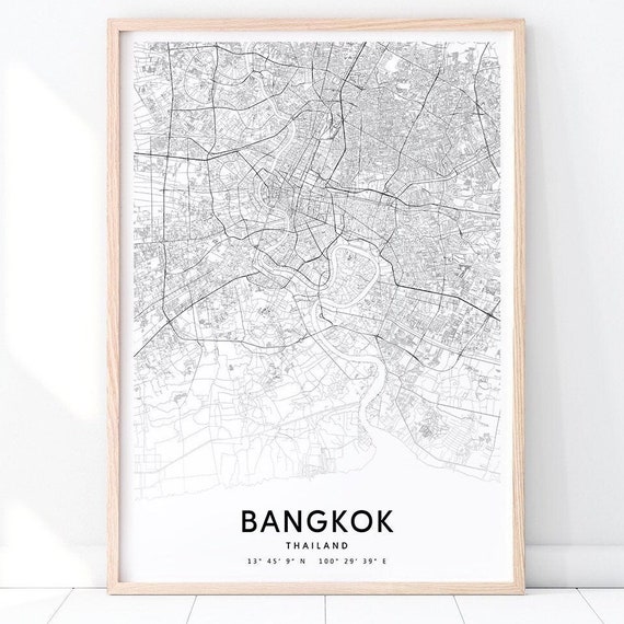 Bangkok Urban Map Print City Street Poster Thailand Black White Modern Wall Art Home Office Decor