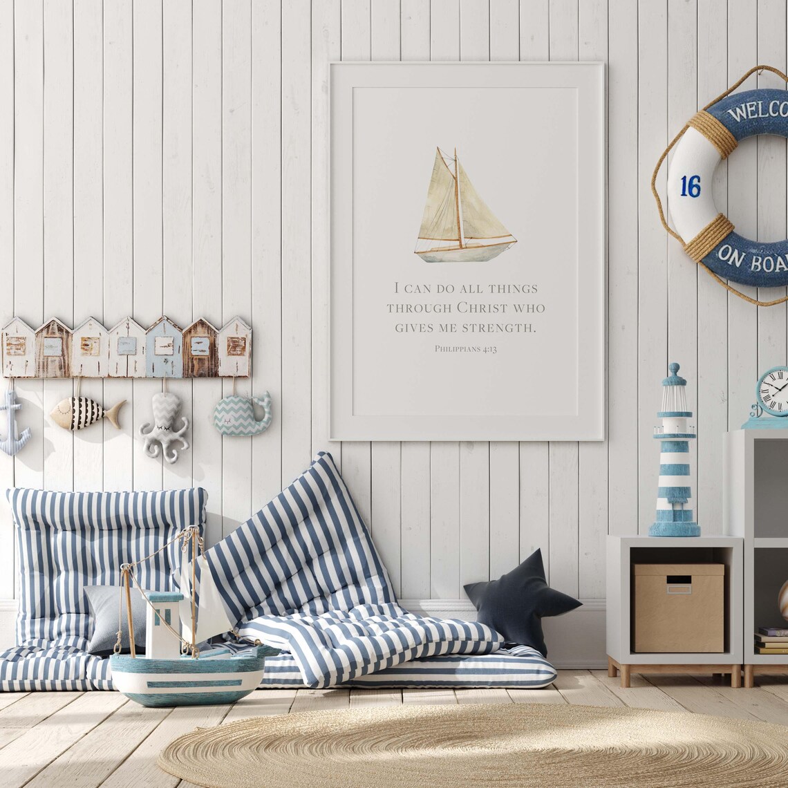 Philippians 4:13 I Can Do All Things Sailboat Watercolor Nursery Poster - Image 4