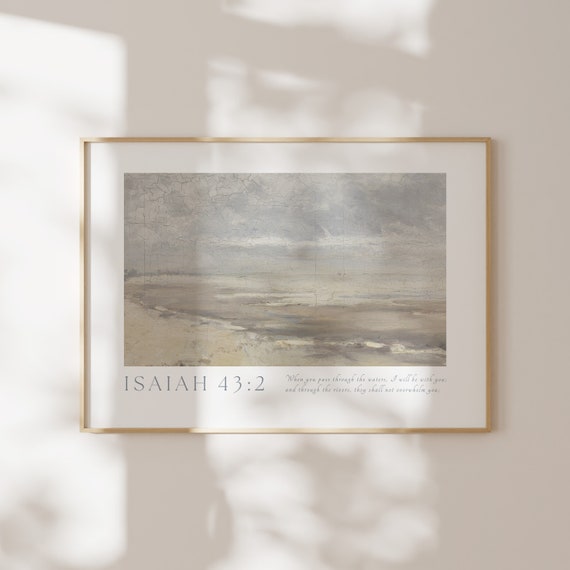 Isaiah 432 Coastal Wall Art Vintage Bible Verse Poster Calming Scripture Quote Ocean Landscape Neutral Christian Home Decor
