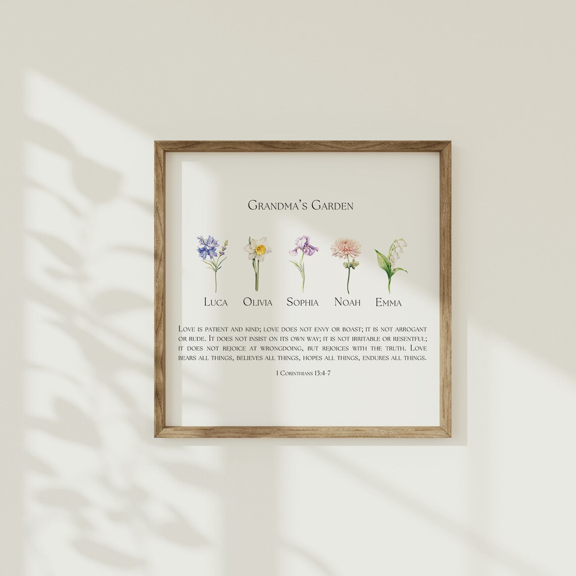 Grandma's Garden Birth Flower Names 1 Corinthians 13 Love Family Gift Poster