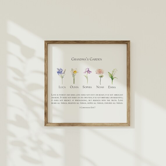 Grandma's Garden Birth Flower Names 1 Corinthians 13 Love Family Gift Poster