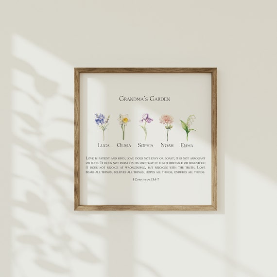 Grandmas Garden Custom Wall Art Personalized Mothers Day Bible Quote Custom Christian Family Gift Corinthians Love Scripture
