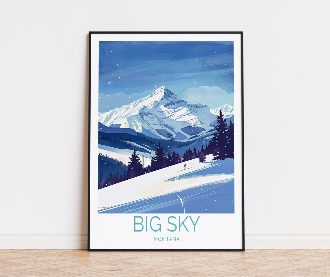 Big Sky Montana Daytime Ski Run on the Alpine Peak Travel Poster