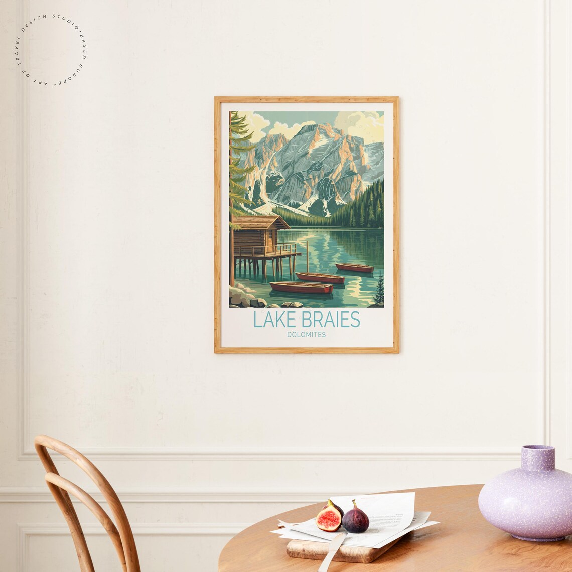 Lake Braies Dolomites Wooden Cabin Rowboats Vintage Travel Poster - Image 4