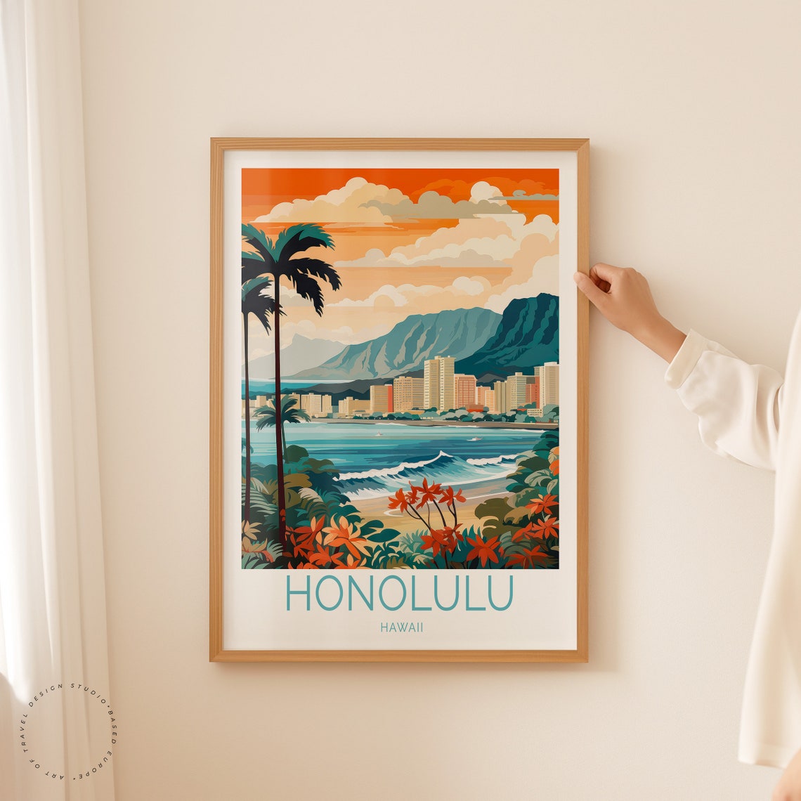 Honolulu Hawaii Sunset Skyline Mountain Beach Palm Travel Poster - Image 2