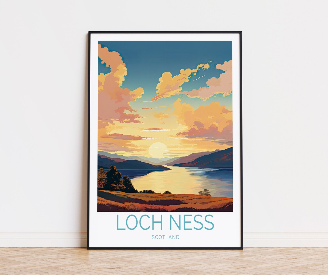 Loch Ness Scotland Golden Sunset Over the Highlands Travel Poster