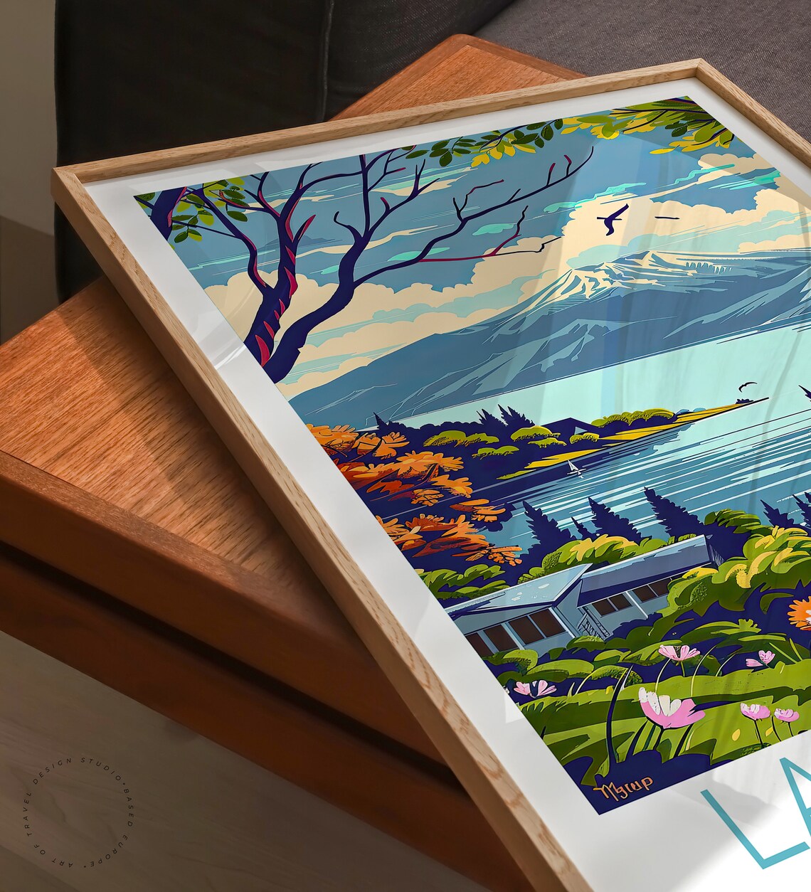 Lake Taupo New Zealand Autumn Shore Signed Artwork Scene Poster - Image 3