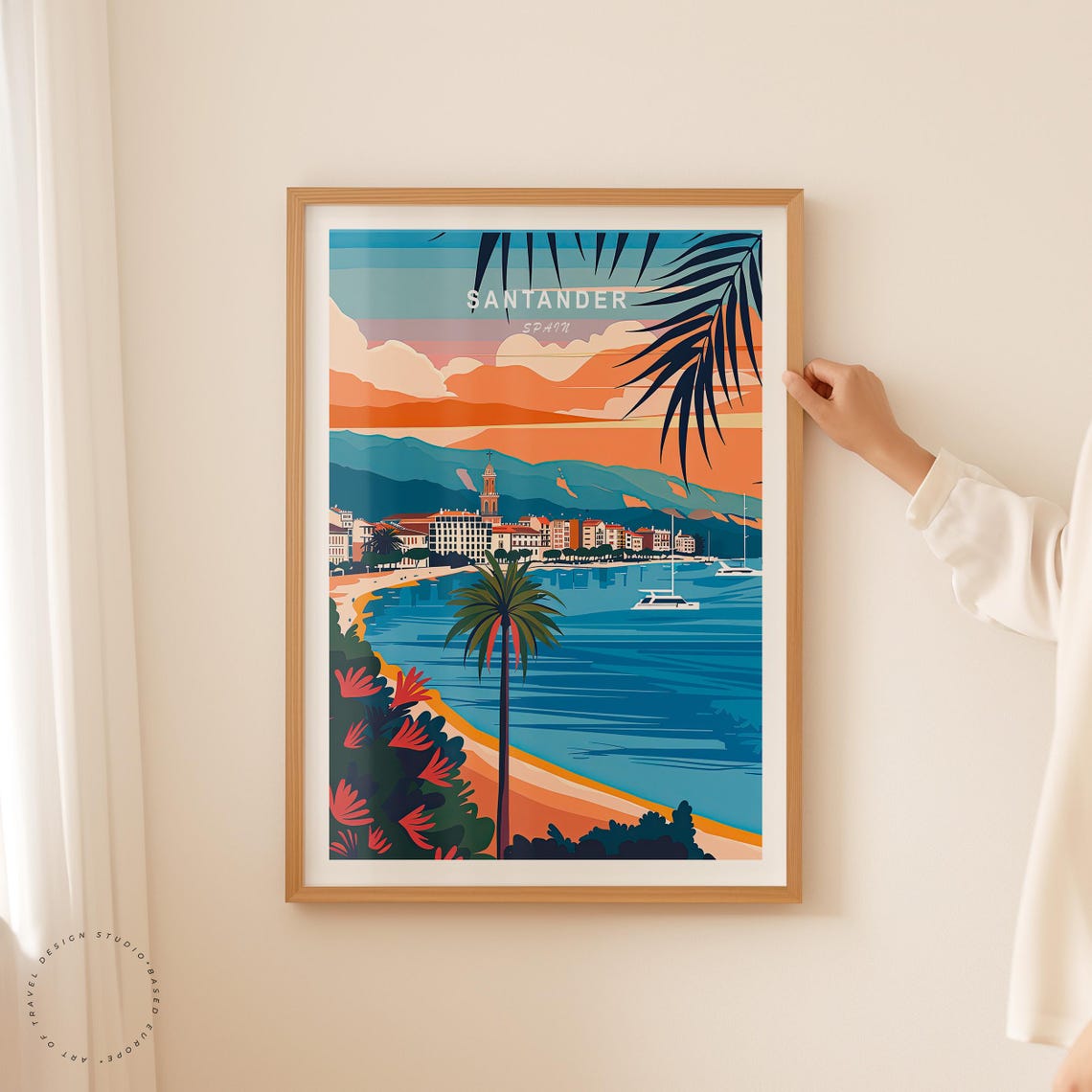 Santander Spain Bay Glowing Sunset Sailboats Palm Shore Poster - Image 2