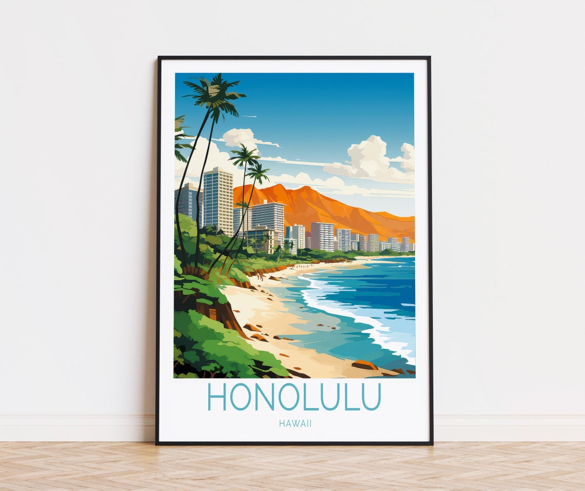 Honolulu Hawaii Waikiki Beach Palm Trees Blue Ocean Travel Poster