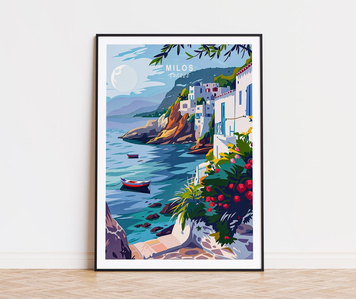 Milos Greece Whitewashed Cliffside Village Aegean Sea View Poster