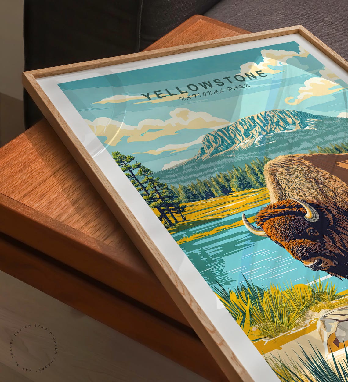 Yellowstone National Park Bison Meadow Lake Mountain Top Title Poster - Image 3