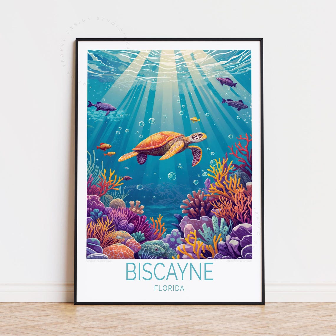 Biscayne Florida Sea Turtle Coral Reef Ocean Life Art Poster