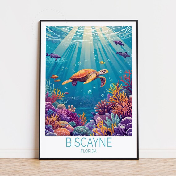 Biscayne Florida Sea Turtle Coral Reef Ocean Life Art Poster