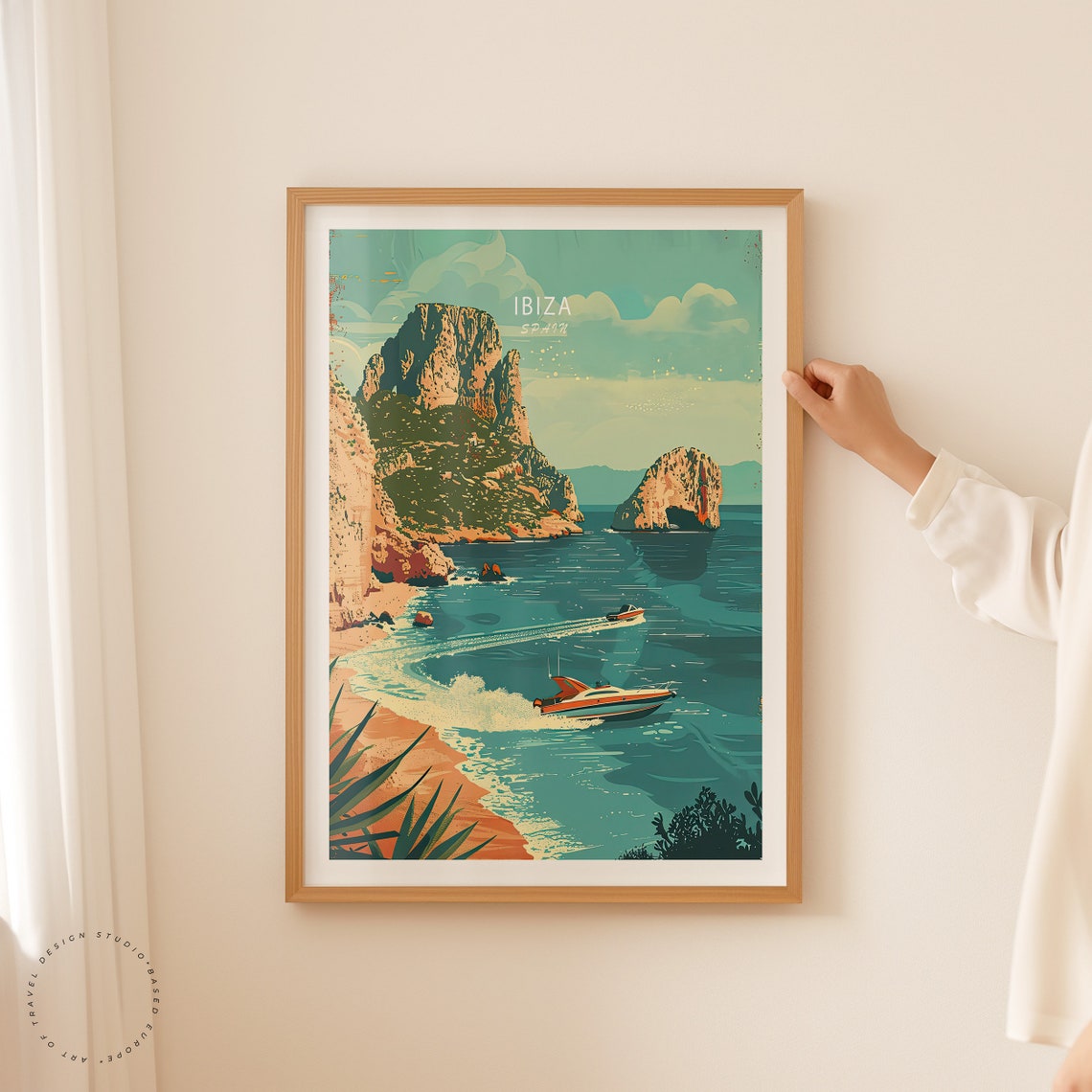 Ibiza Spain Rocky Cliffs Speedboats Retro Beach Travel Poster - Image 2