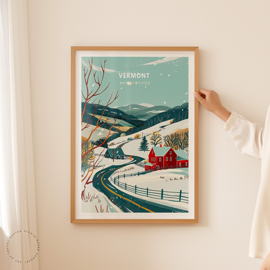 Vermont United States Winter Red Barn Snowy Road Countryside Wall Art - Image 2