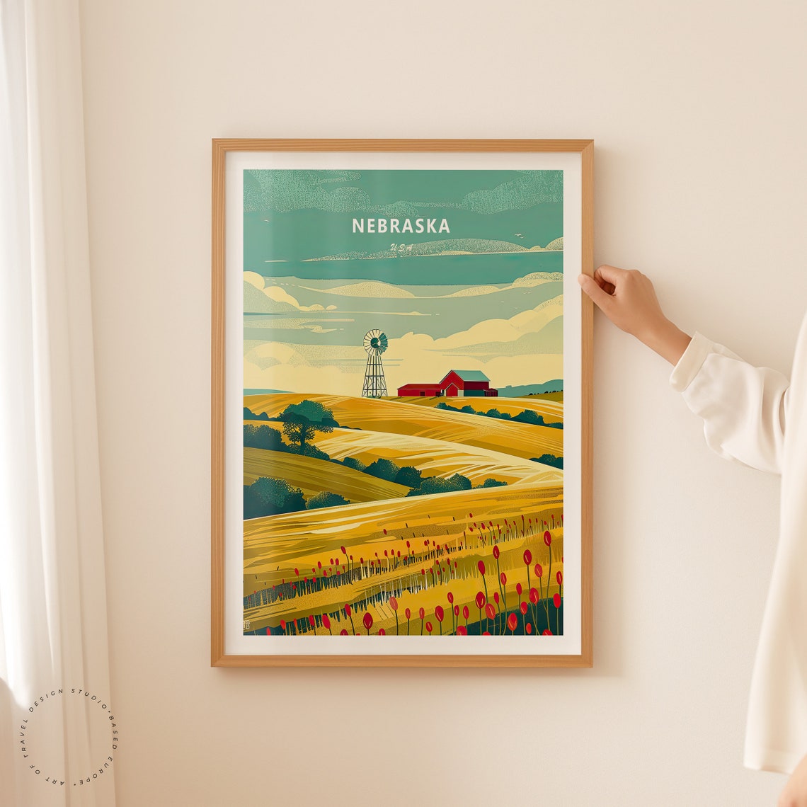 Nebraska USA Wheat Fields Windmill Red Barn Golden Harvest Wall Art - Image 3