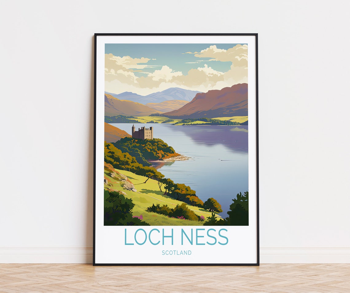 Loch Ness Scotland Castle Shore Hillside Day View Travel Poster