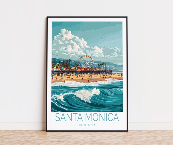 Santa Monica California Pier Over Breaking Ocean Waves Travel Poster