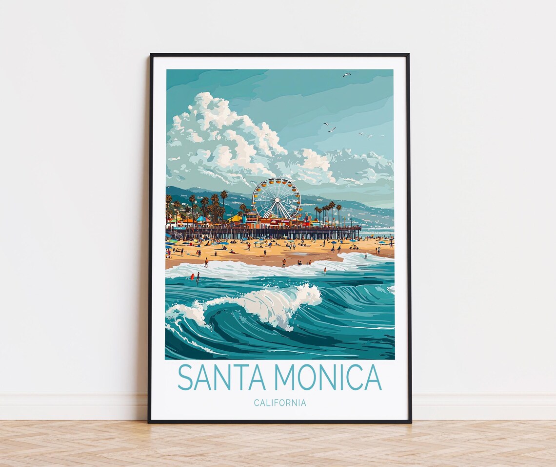 Santa Monica California Pier Over Breaking Ocean Waves Travel Poster