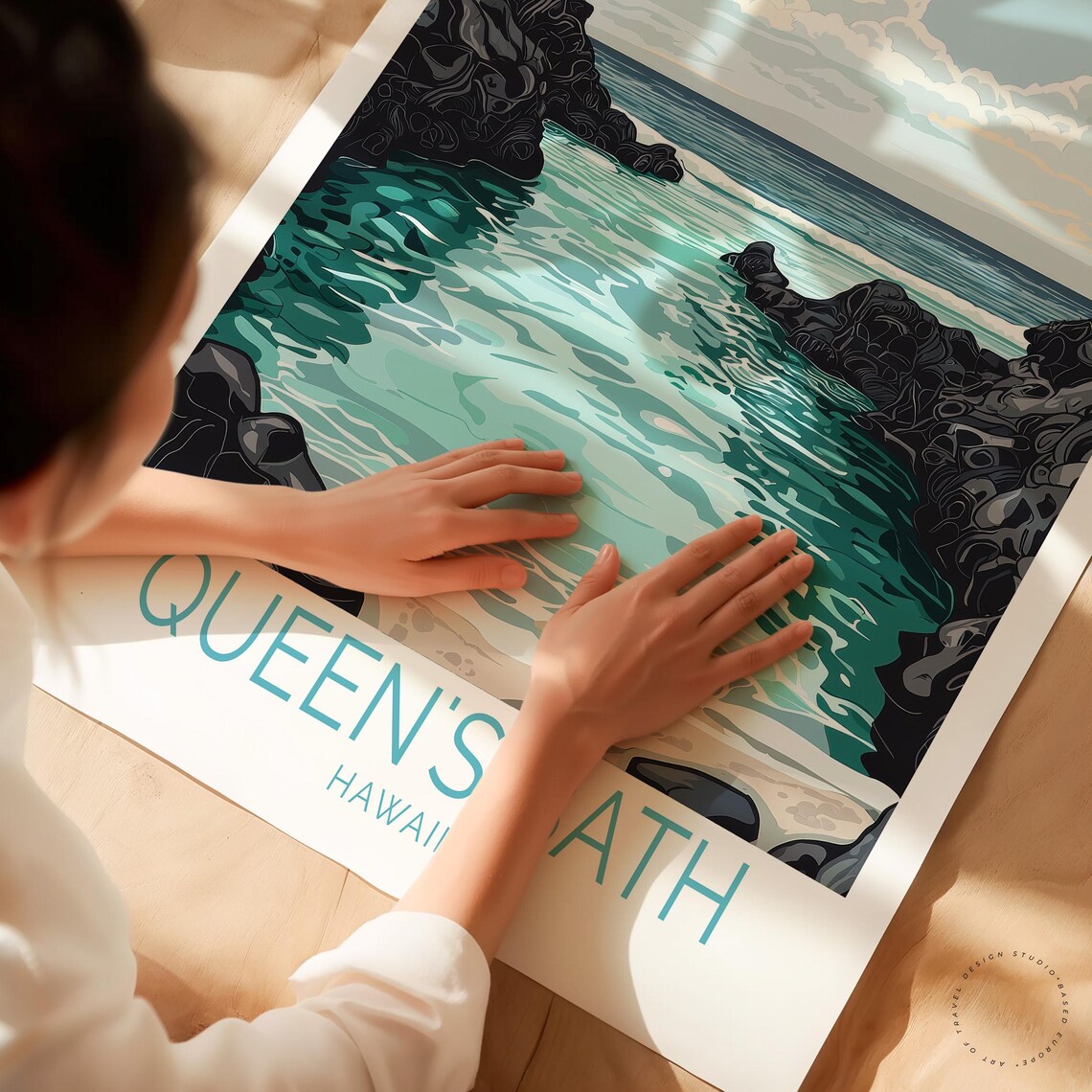 Queen's Bath Kauai Hawaii Lava Rock Tide Pool Ocean Vintage Poster - Image 3