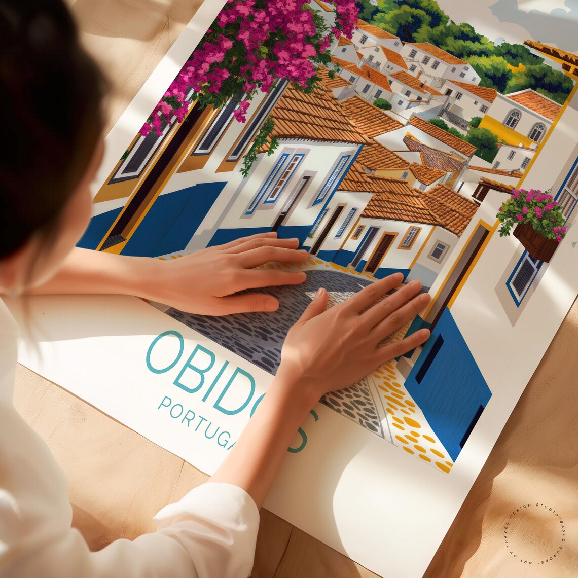 Obidos Portugal Cobblestone Street Blue Trim Houses Travel Art Poster - Image 3