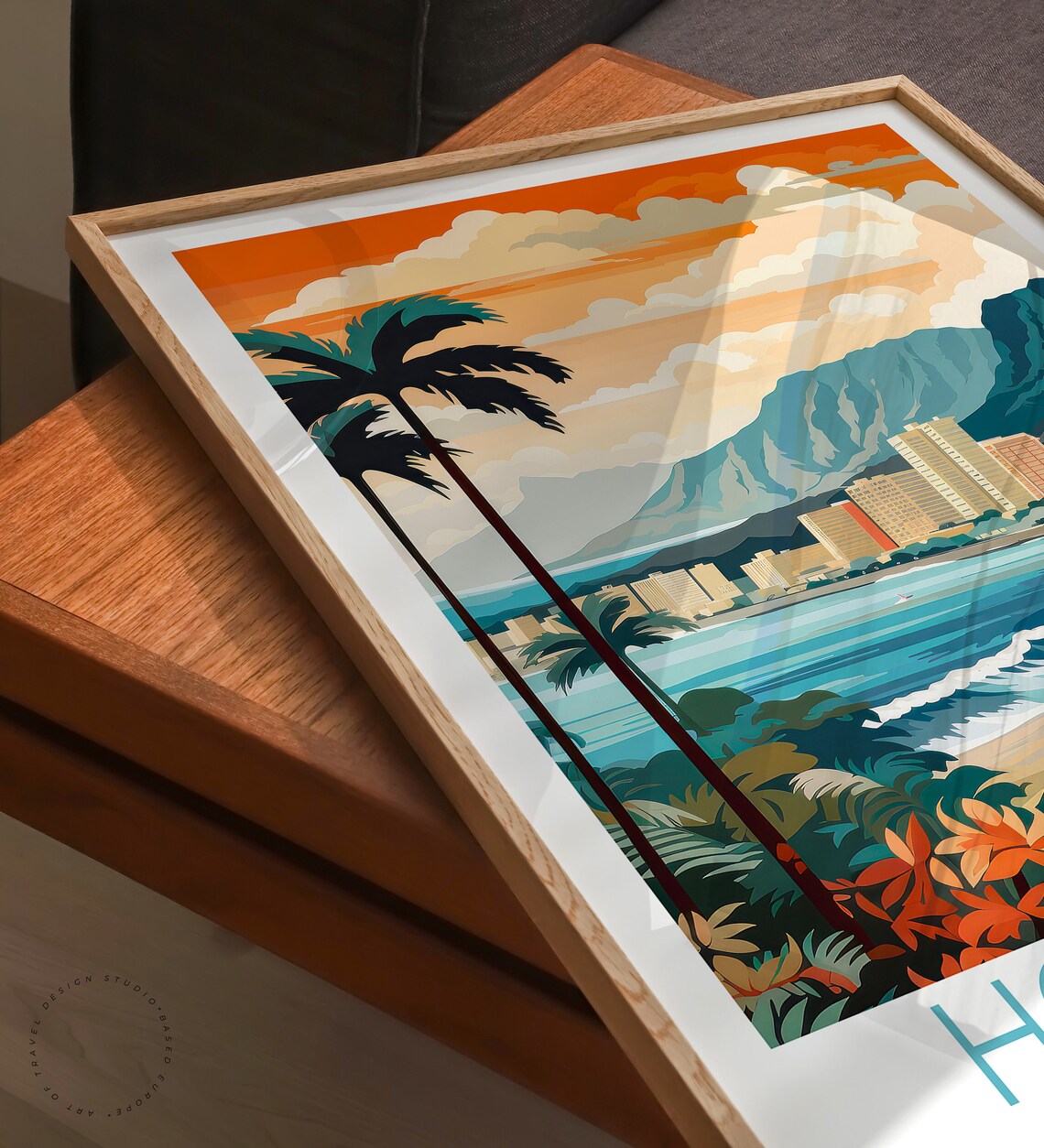 Honolulu Hawaii Sunset Skyline Mountain Beach Palm Travel Poster - Image 3