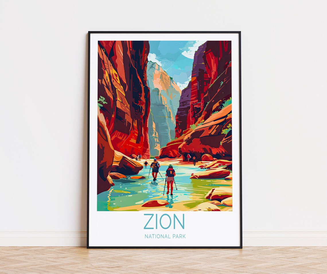 Zion National Park Narrows Hikers in Red Rock Slot Canyon Poster