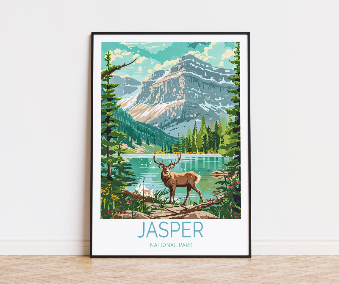Jasper National Park Canada Elk Alpine Lake Bottom Title Poster