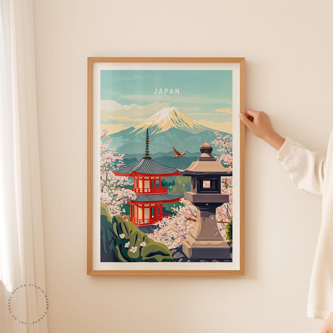 Japan Mount Fuji Pagoda Bird and Cherry Blossom Skyline Poster - Image 2