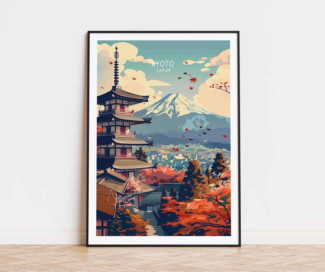 Kyoto Japan Autumn Pagoda Mount Fuji Red Maple Leaves Poster