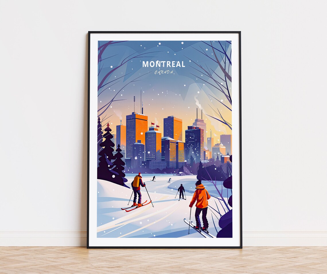 Montreal Canada Winter Skiers City Skyline Snowy Dusk Travel Poster