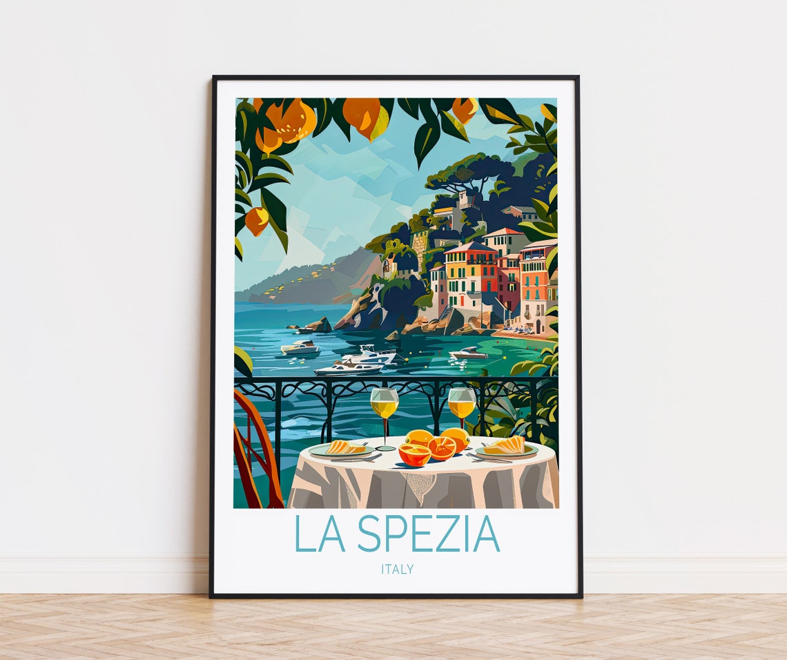 La Spezia Italy Coastal Village Wine Lemon Table Seaside View Poster