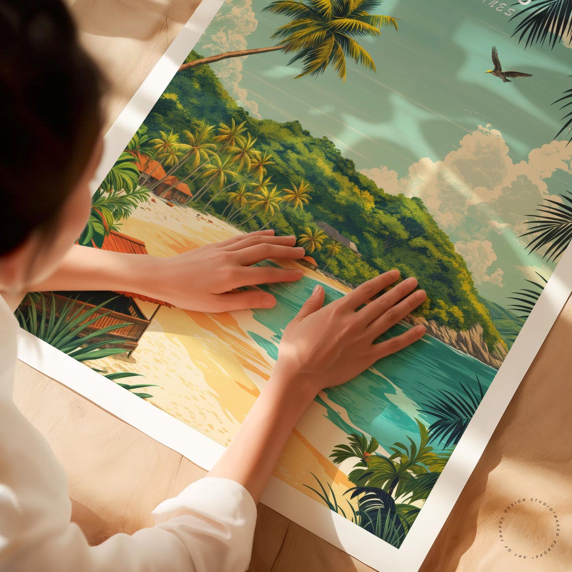 Siargao Philippines Palm Framed Beach Cove Huts Soaring Bird Poster - Image 3