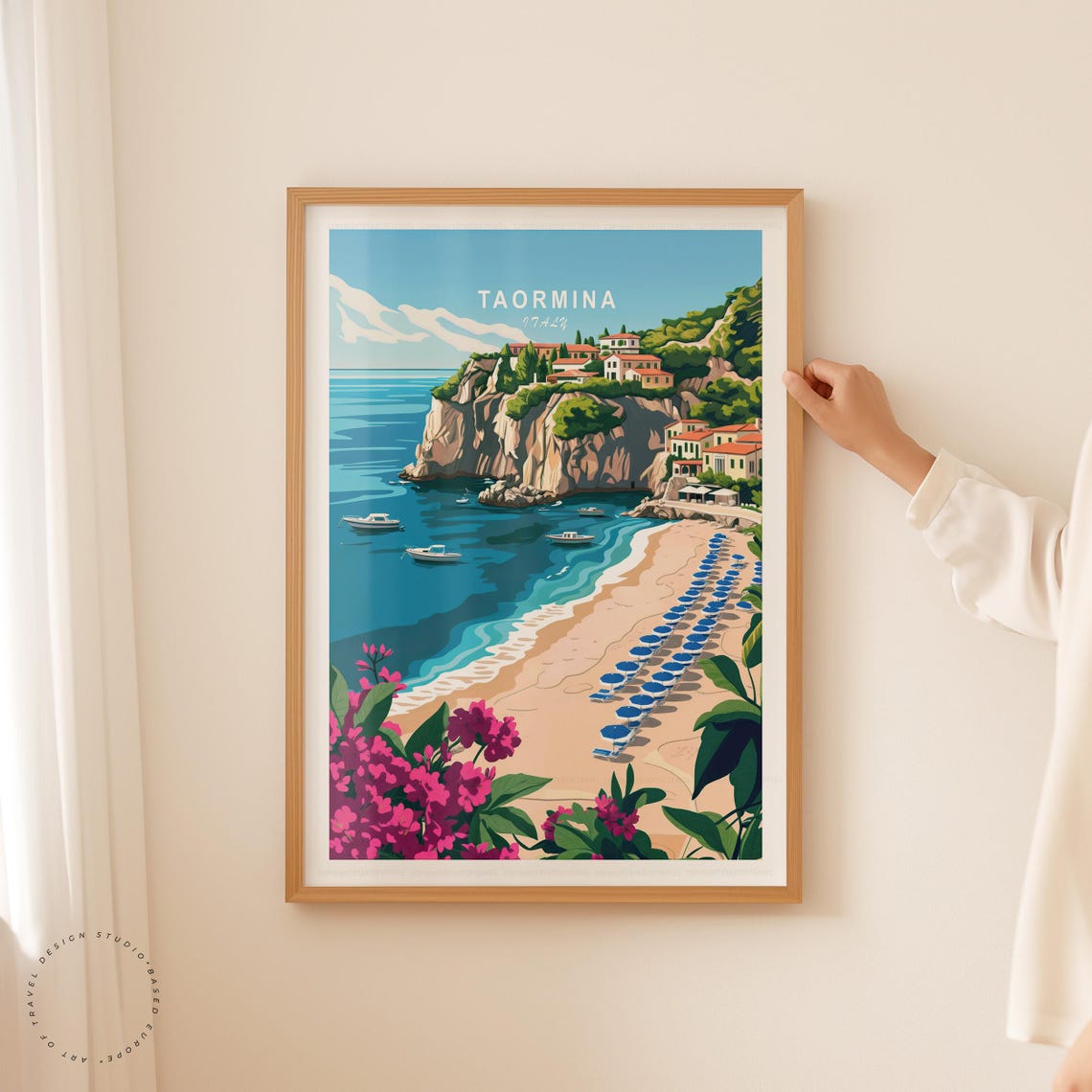 Taormina Italy Cliffside Town Beach Blue Umbrellas Vintage Poster - Image 5