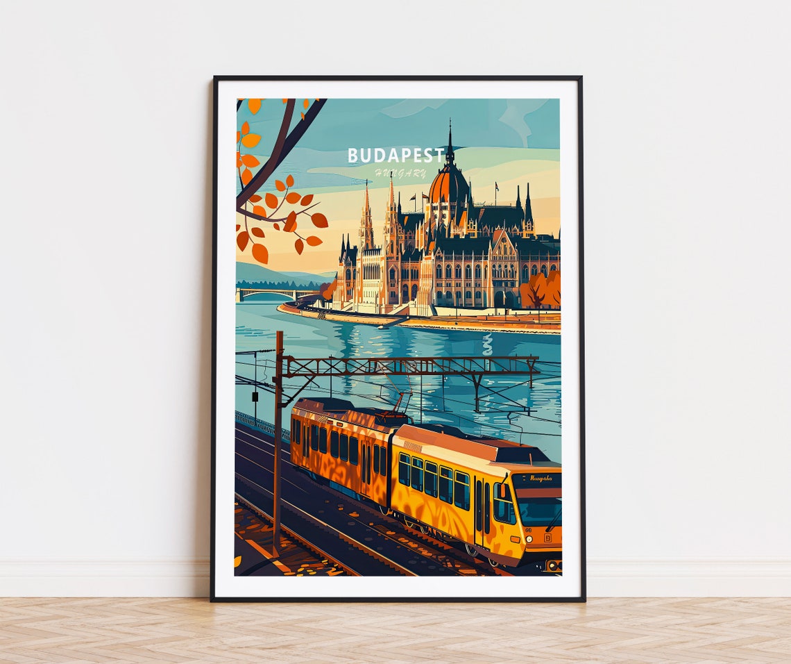 Budapest Hungary Parliament Building Yellow Tram Danube River Poster