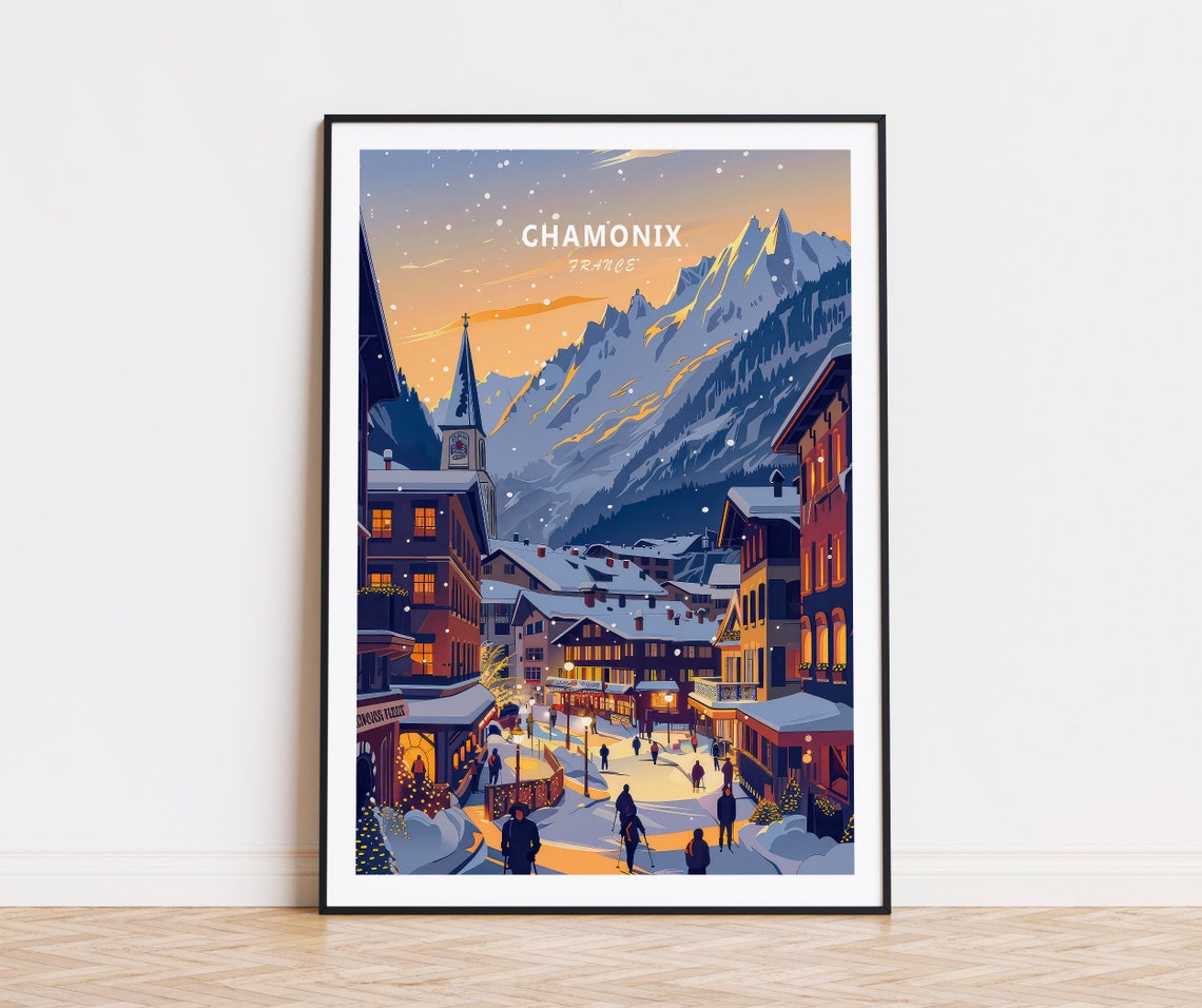 Chamonix France Snowy Alpine Village Sunset Peaks Travel Poster