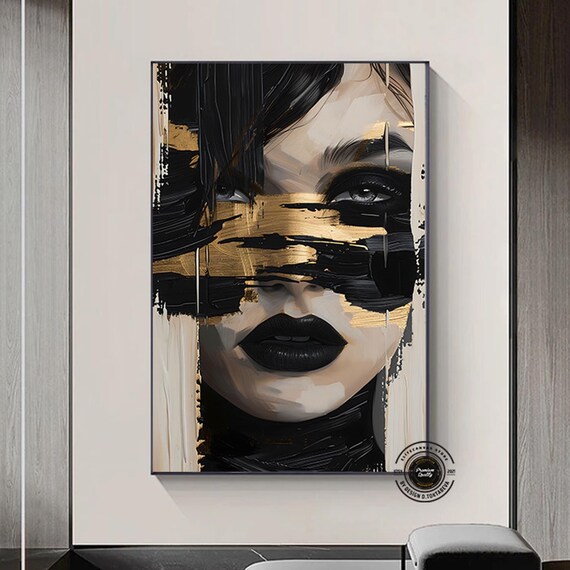Woman Abstract Art Framed Poster Black And Gold Female Face Painting Portrait
