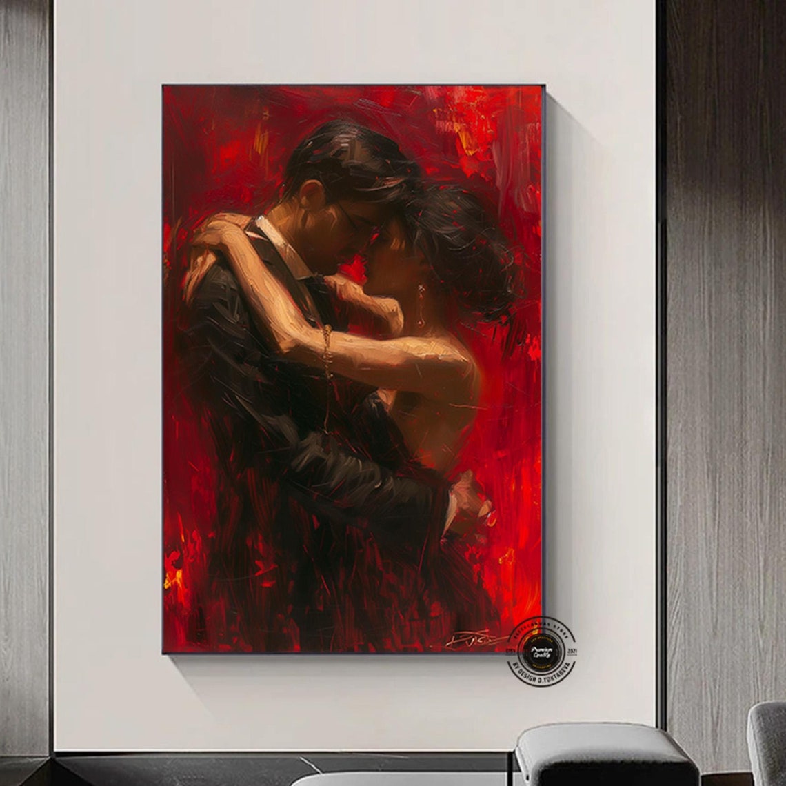 Passionate Couple Red Painting Romantic Embrace Bedroom Poster