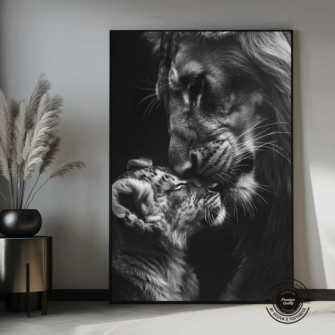 Lioness Nuzzling Cub Black and White Dramatic Wildlife Portrait Poster