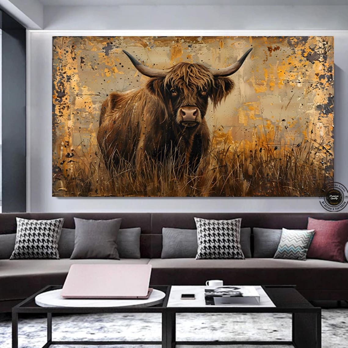 Highland Cow In Grass, Rustic Farmhouse Art Print