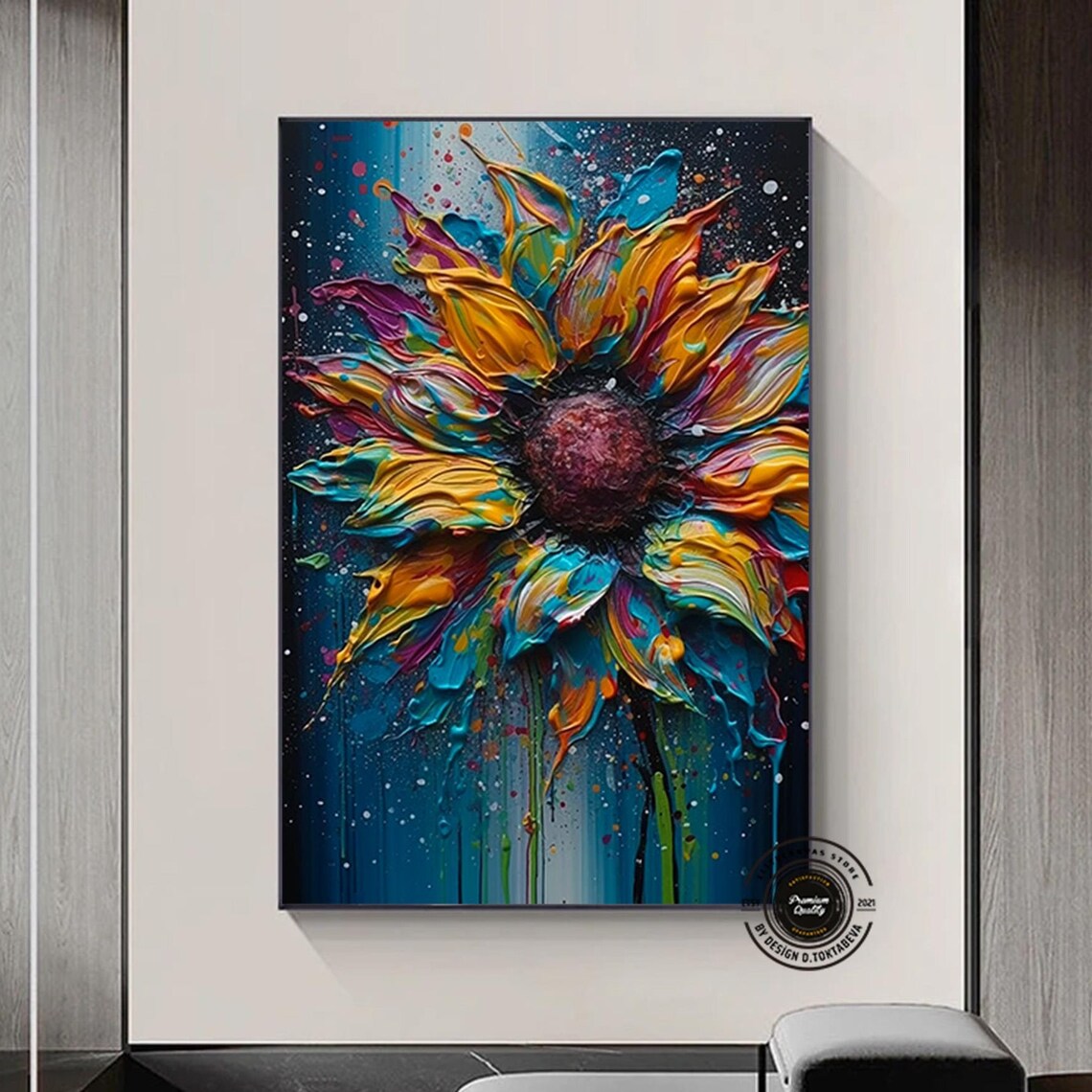 Colorful Sunflower Impasto Bold Floral on Dark Blue Art Poster