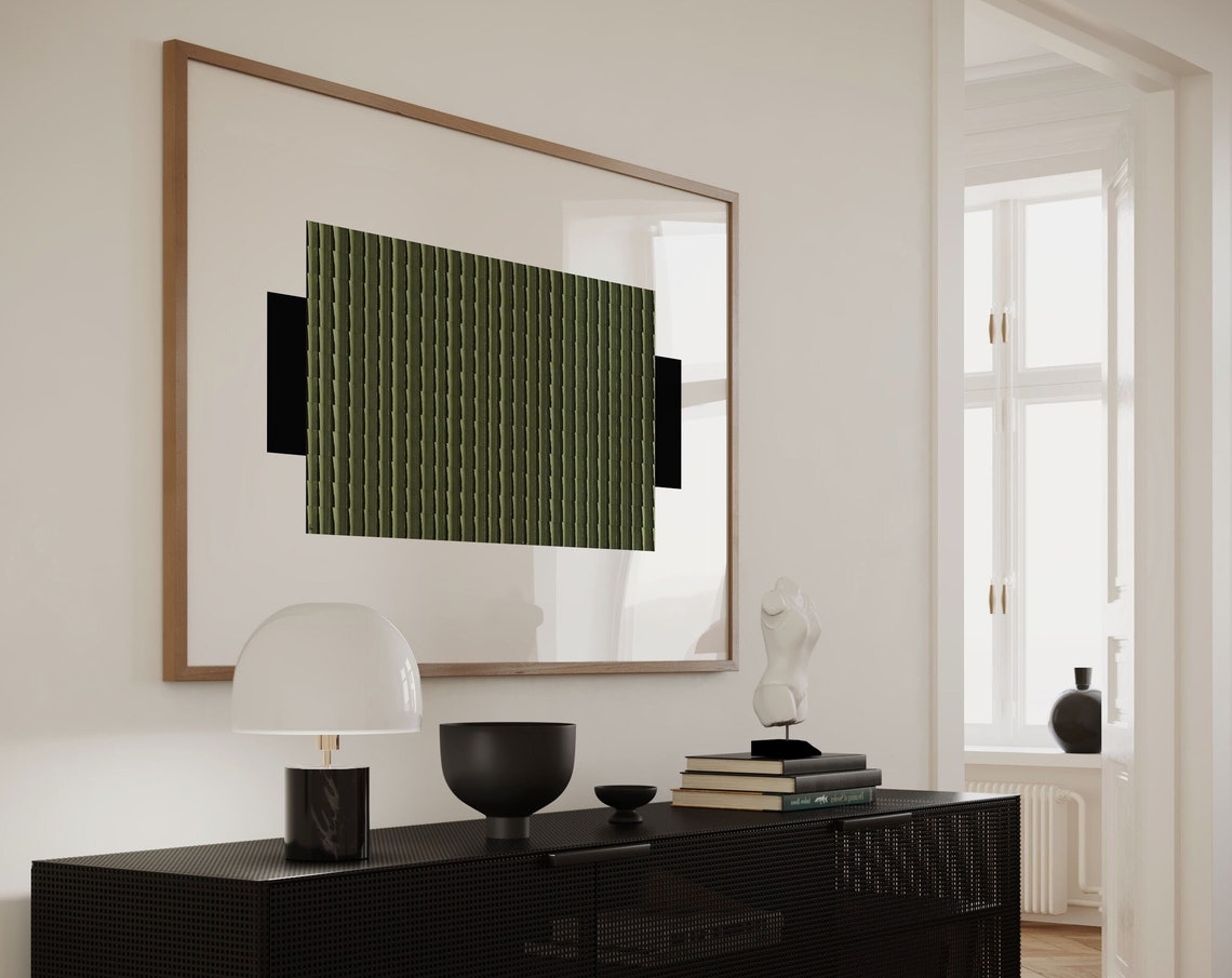 Olive Green Lined Column Minimalist Black White Artwork Poster - Image 2