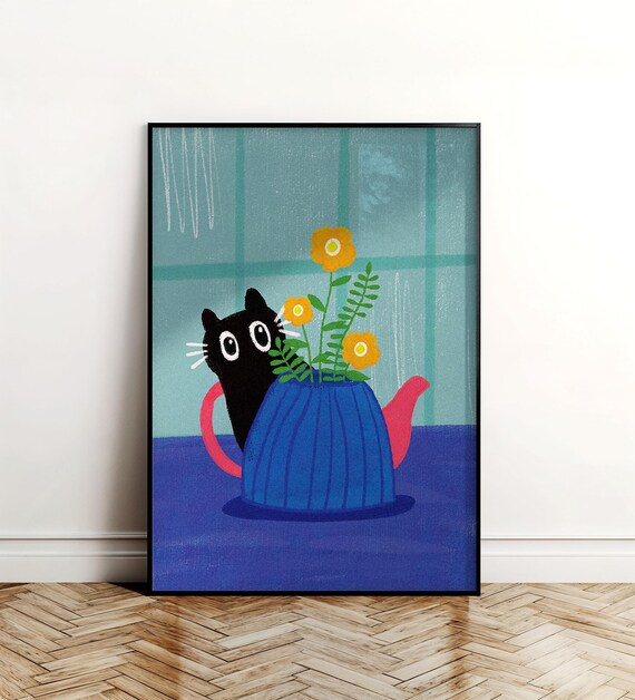 Black Cat Peeking Behind Blue Teapot Cute Kitchen Illustration Poster
