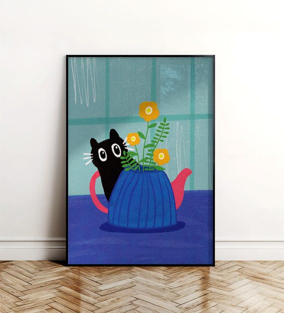 Cat In Teapot Art Print Whimsical Flower Illustration Pdf