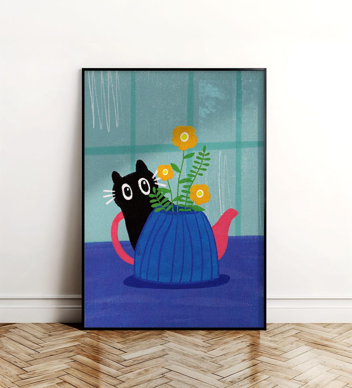 Cat In Teapot Art Print Whimsical Flower Illustration Pdf