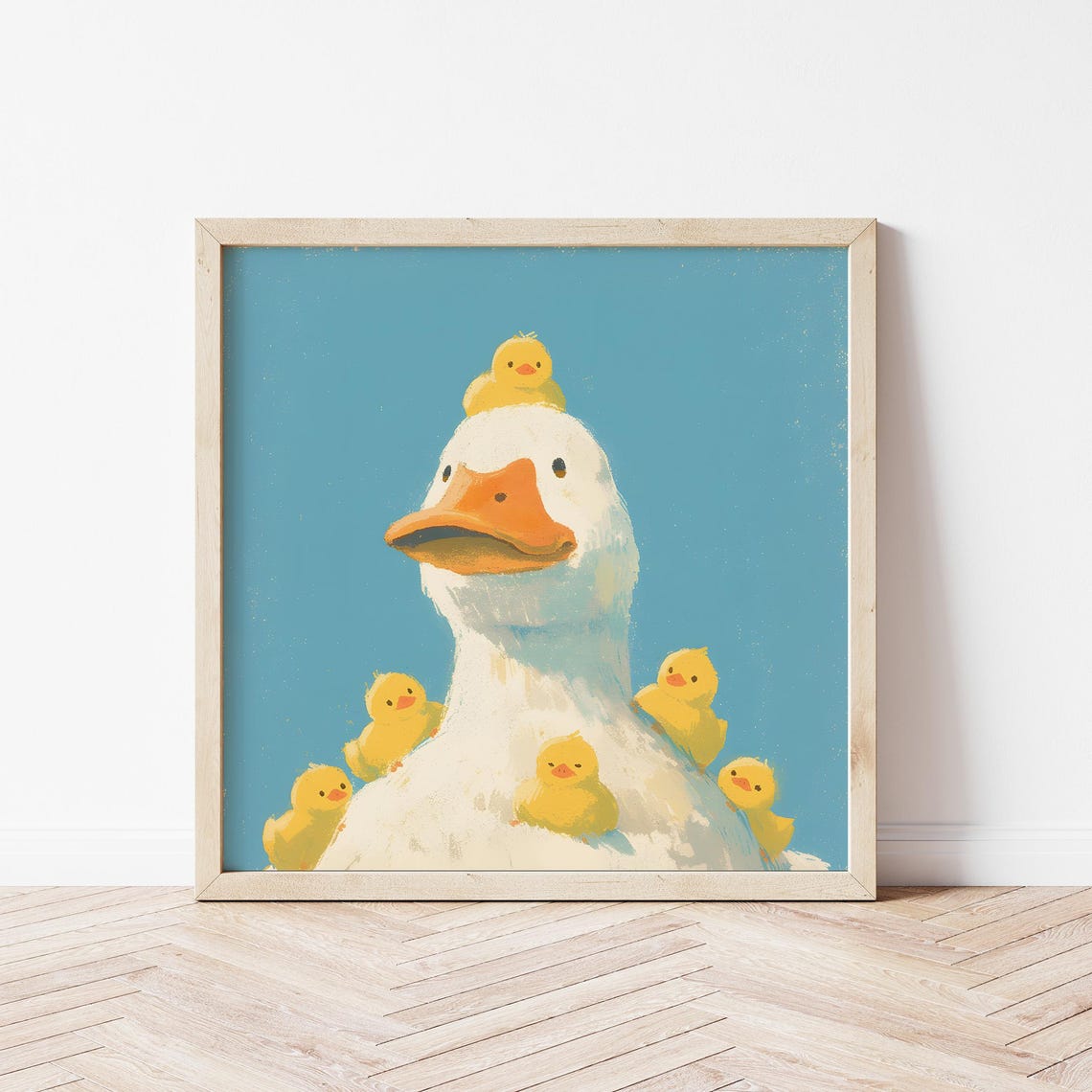 White Duck Mom With Six Yellow Ducklings Sweet Farm Nursery Wall Art