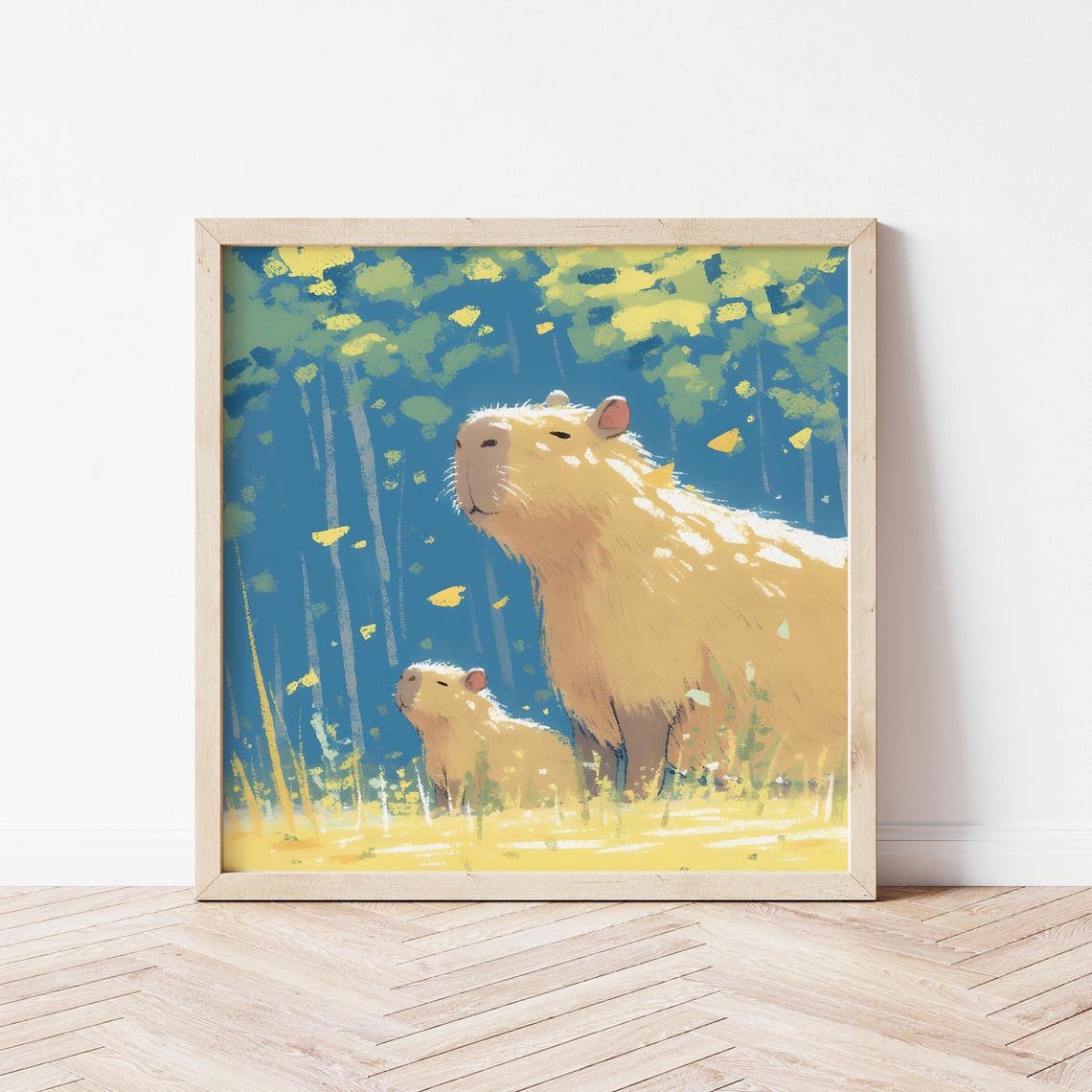 Capybara Mom And Baby In Sunlit Forest Cute Nursery Animal Wall Art