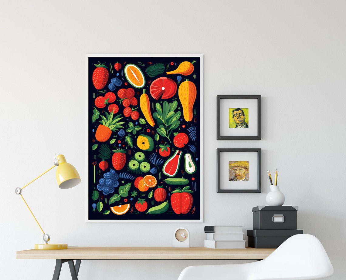 Colorful Fruits Vegetables Dark Background Kitchen Illustration Poster - Image 4