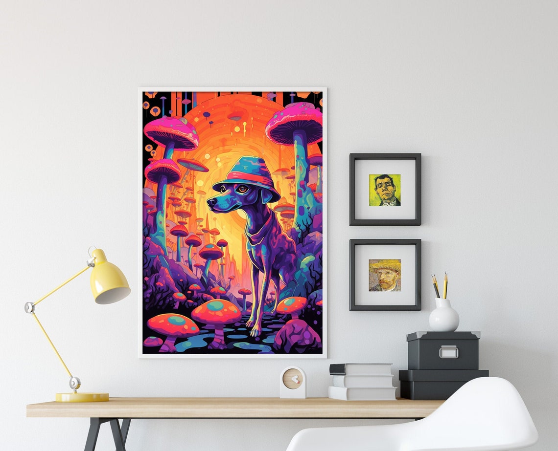 Psychedelic Dog with Hat Among Giant Mushrooms Trippy Art Poster - Image 4